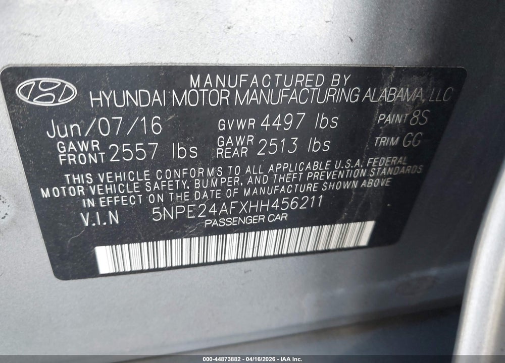 2017 HYUNDAI SONATA VIN: 5NPE24AFXHH456211