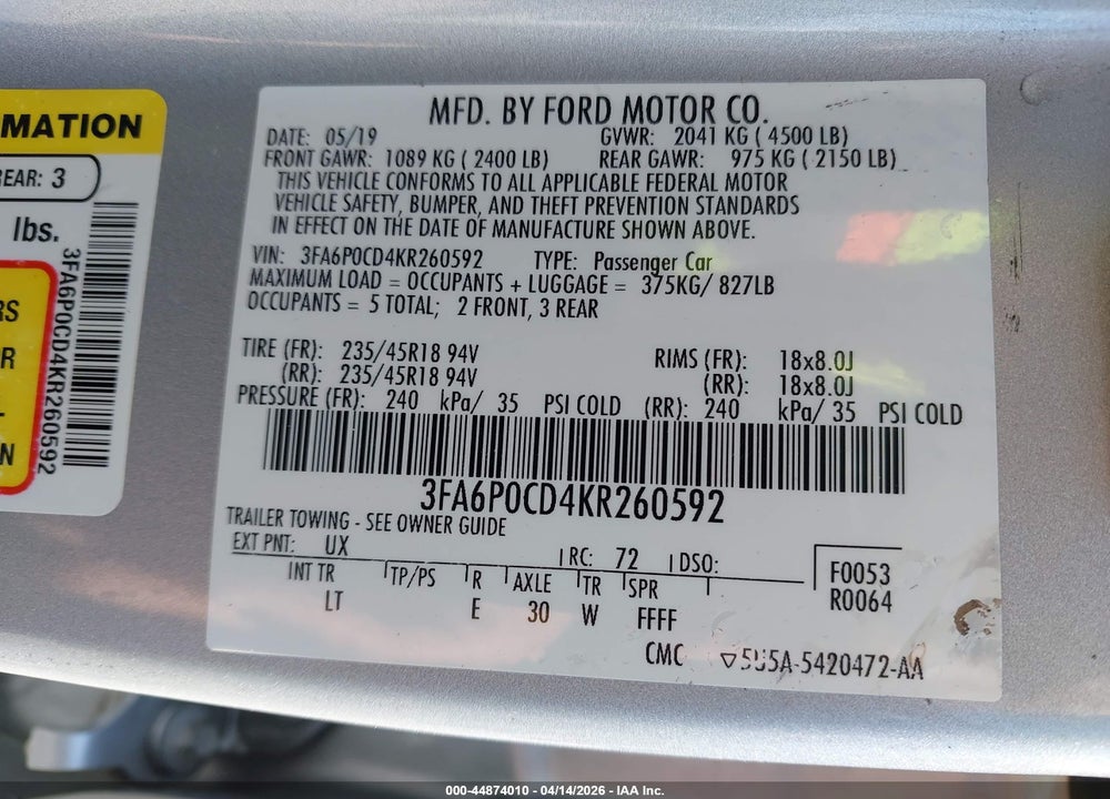 2019 FORD FUSION SEL VIN: 3FA6P0CD4KR260592