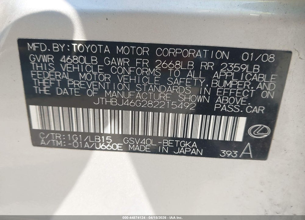 2008 LEXUS ES 350 VIN: JTHBJ46G282215492