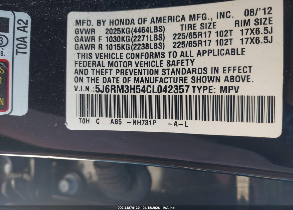 2012 HONDA CR-V EX VIN: 5J6RM3H54CL042357