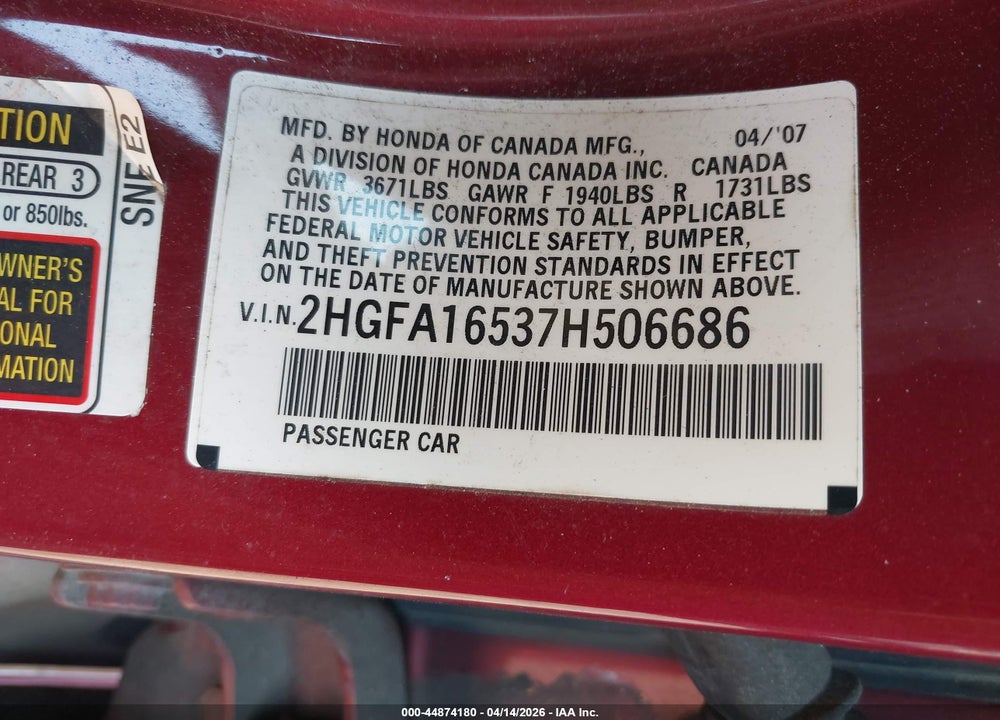 2007 HONDA CIVIC LX VIN: 2HGFA16537H506686