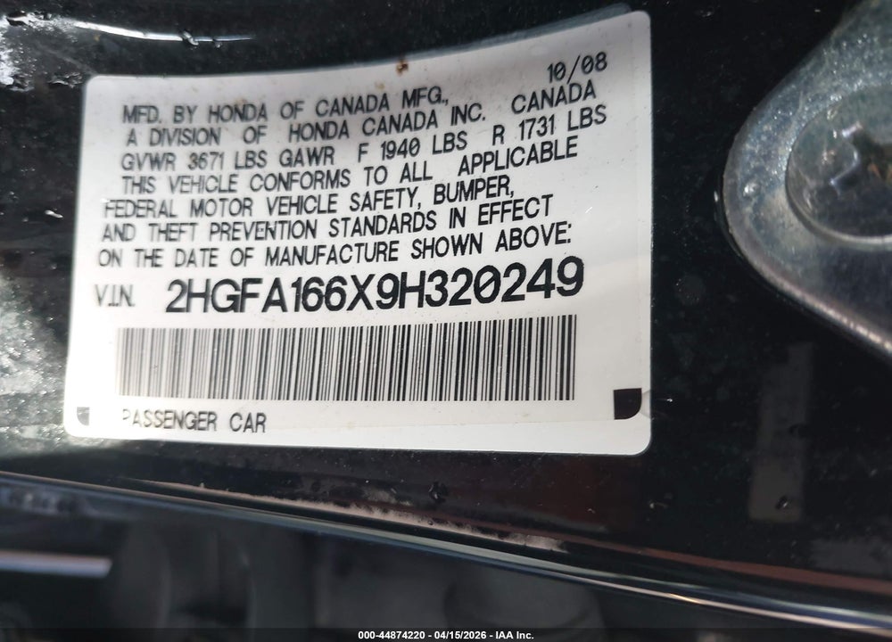 2009 HONDA CIVIC LX-S VIN: 2HGFA166X9H320249