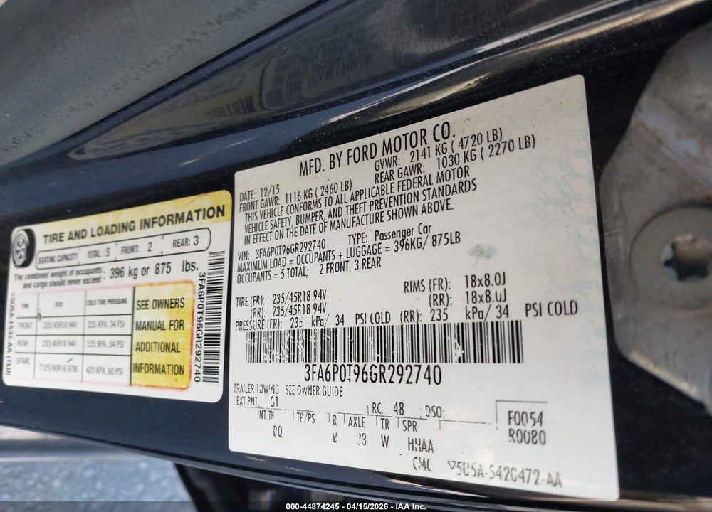 2016 FORD FUSION SE VIN: 3FA6P0T96GR292740