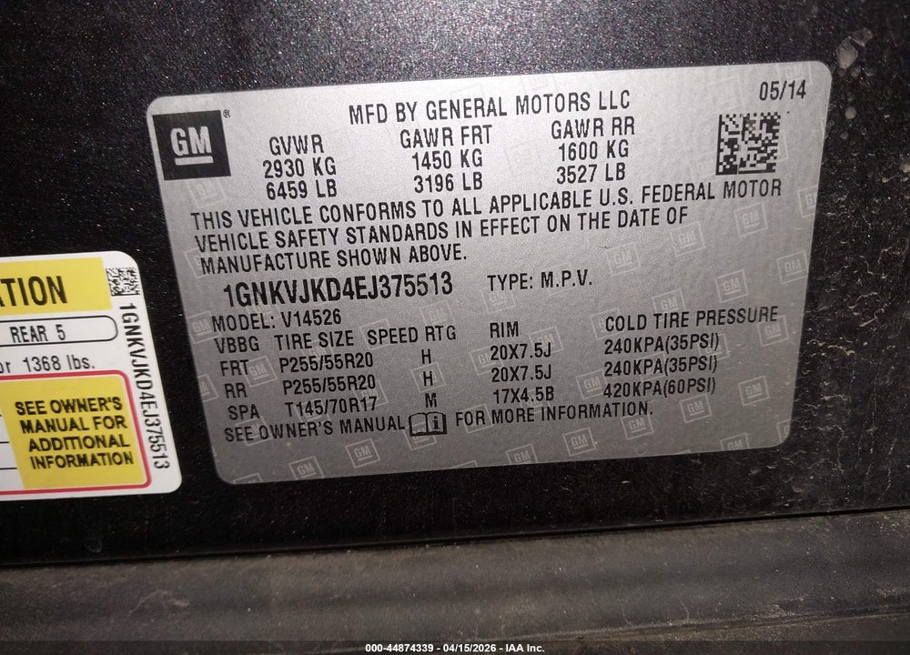 2014 CHEVROLET TRAVERSE LTZ VIN: 1GNKVJKD4EJ375513