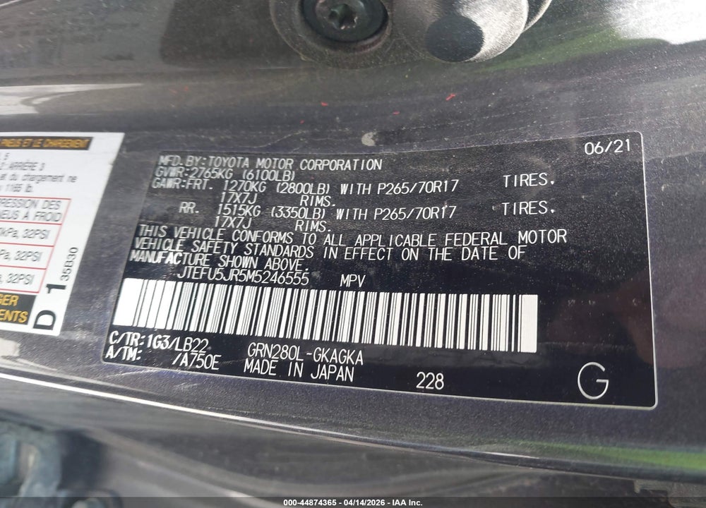 2021 TOYOTA 4RUNNER SR5 PREMIUM VIN: JTEFU5JR5M5246555