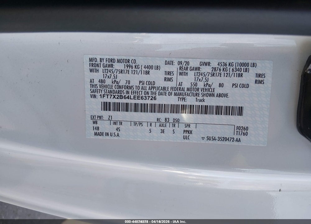 2020 FORD F-250 XL VIN: 1FT7X2B64LEE63726