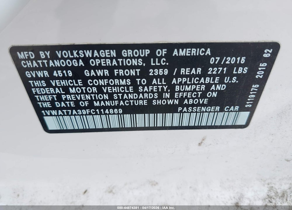 2015 VOLKSWAGEN PASSAT 1.8T LIMITED EDITION VIN: 1VWAT7A39FC114869