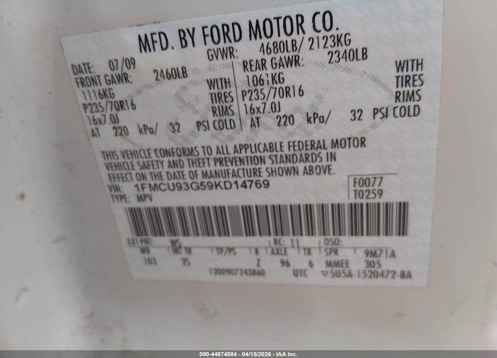 2009 FORD ESCAPE XLT VIN: 1FMCU93G59KD14769