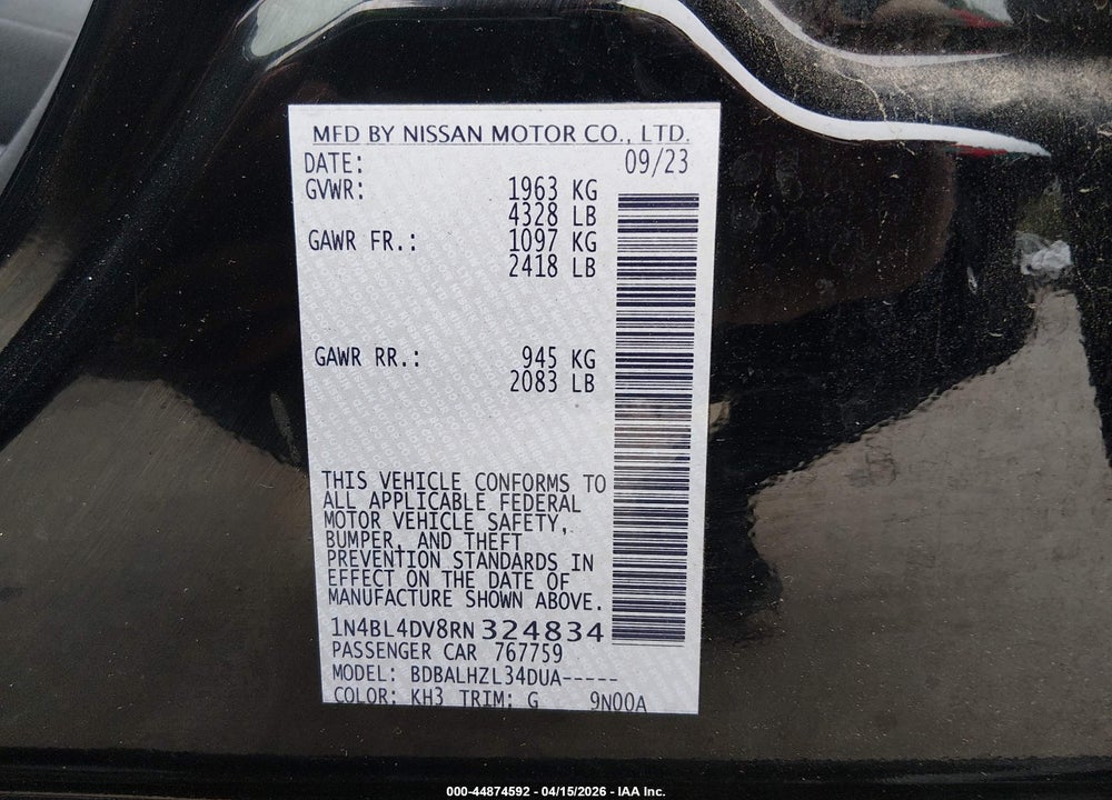 2024 NISSAN ALTIMA SV FWD VIN: 1N4BL4DV8RN324834