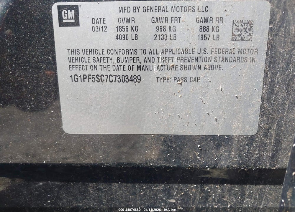 2012 CHEVROLET CRUZE 1LT VIN: 1G1PF5SC7C7303489
