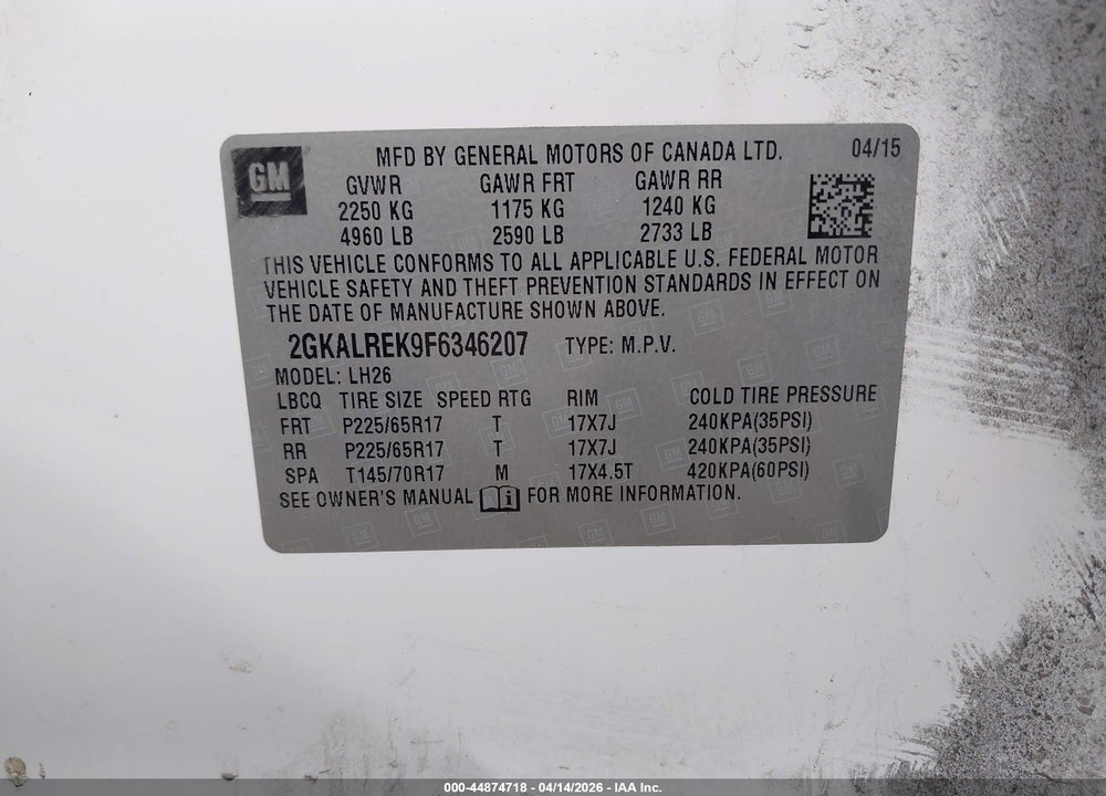 2015 GMC TERRAIN SLE-2 VIN: 2GKALREK9F6346207