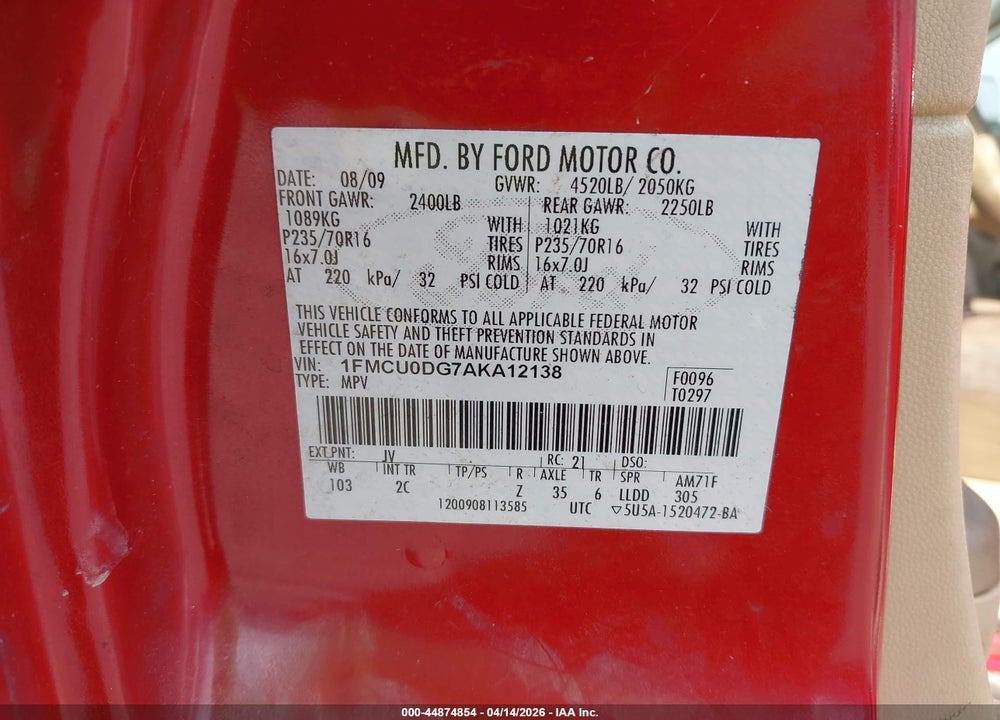 2010 FORD ESCAPE XLT VIN: 1FMCU0DG7AKA12138