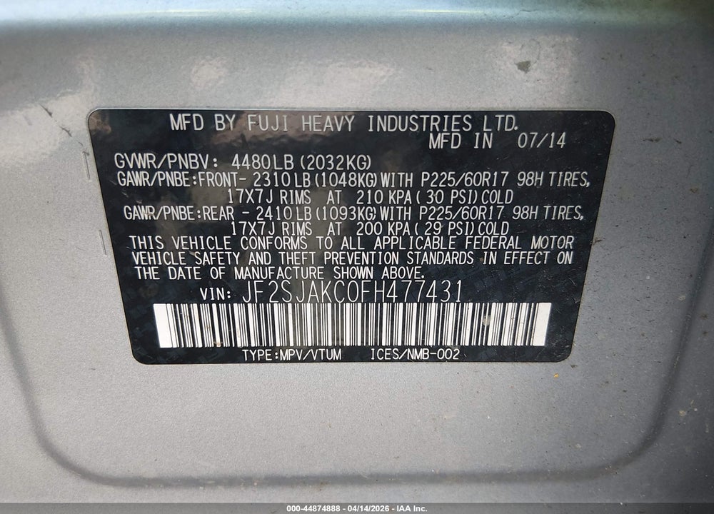 2015 SUBARU FORESTER 2.5I LIMITED VIN: JF2SJAKC0FH477431