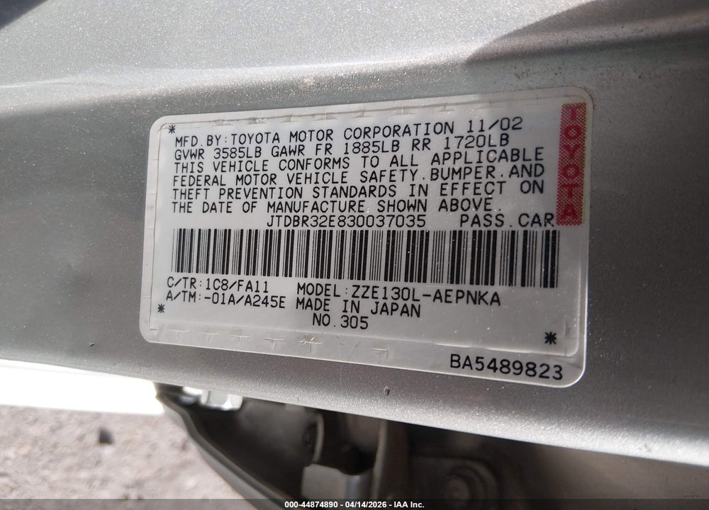 2003 TOYOTA COROLLA LE VIN: JTDBR32E830037035