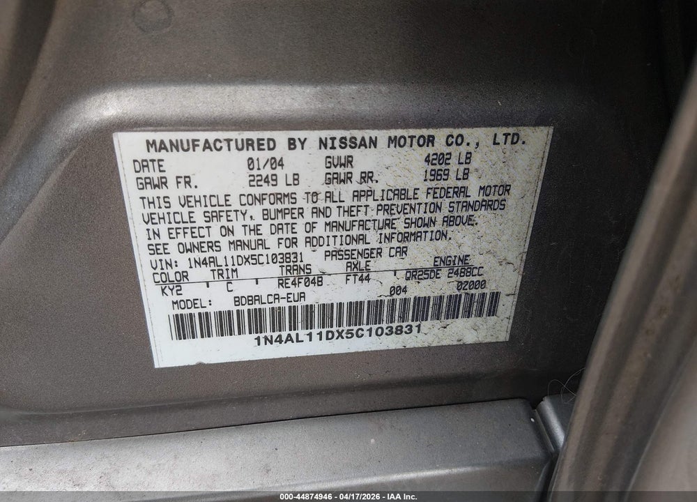 2005 NISSAN ALTIMA S/SL VIN: 1N4AL11DX5C103831