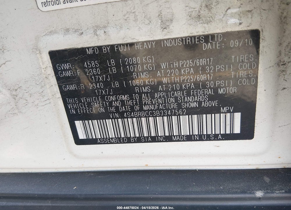 2011 SUBARU OUTBACK 2.5I PREMIUM VIN: 4S4BRBCC3B3347562