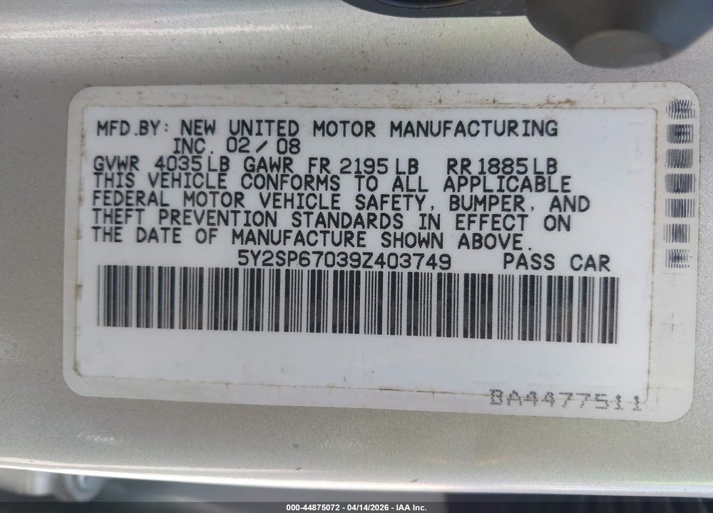 2009 PONTIAC VIBE VIN: 5Y2SP67039Z403749