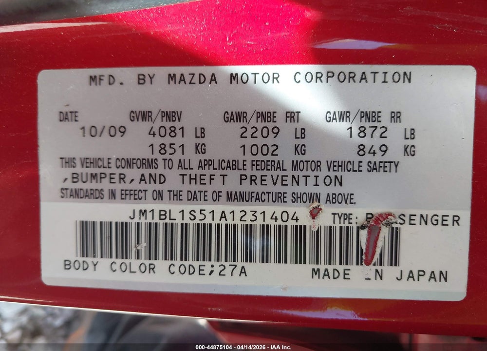 2010 MAZDA 3 S VIN: JM1BL1S51A1231404