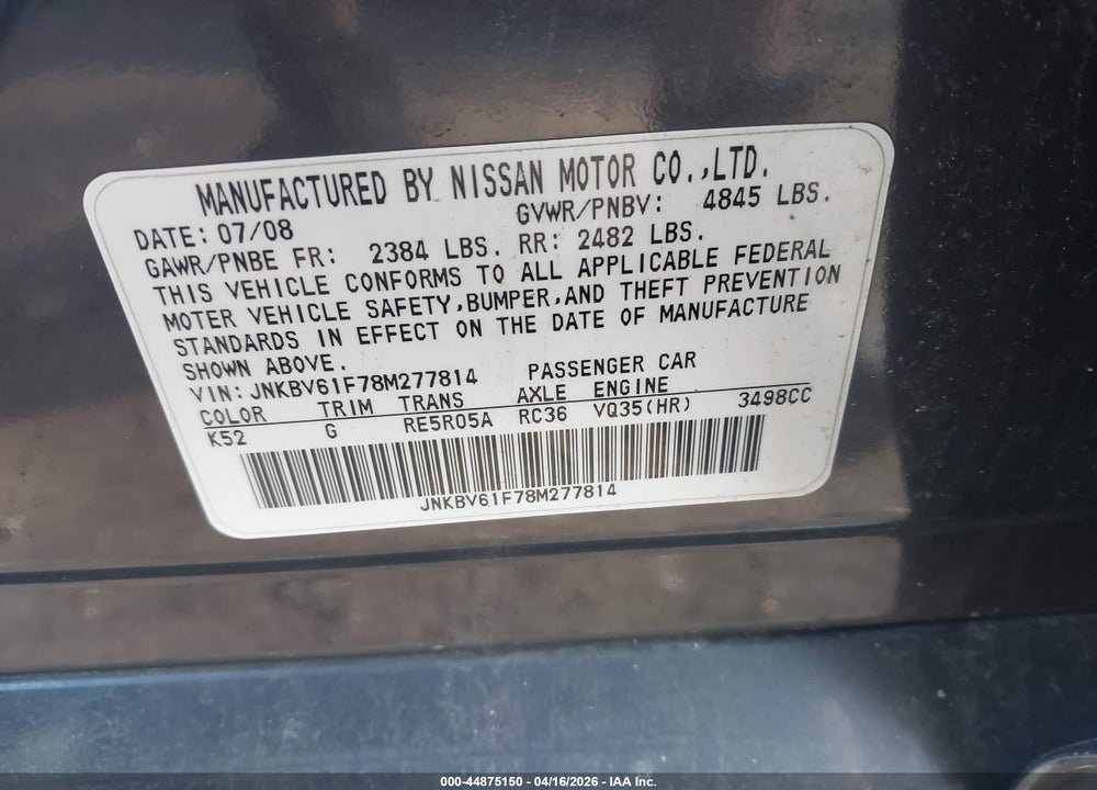 2008 INFINITI G35X VIN: JNKBV61F78M277814