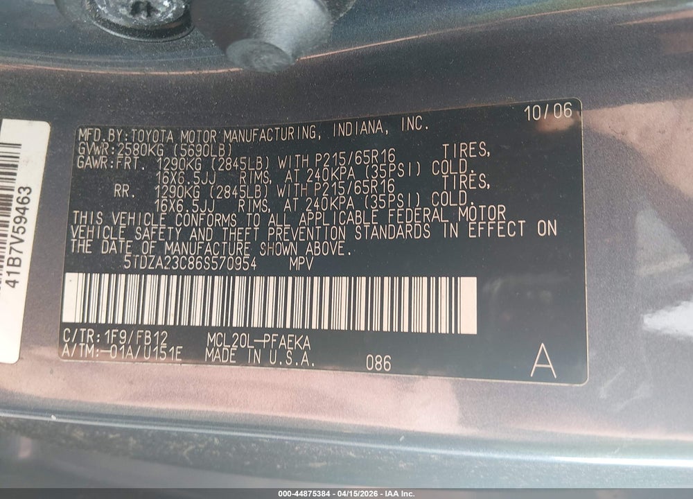 2006 TOYOTA SIENNA CE VIN: 5TDZA23C86S570954