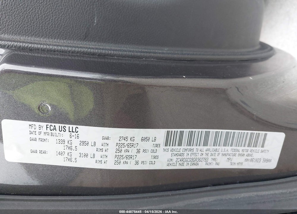 2016 DODGE GRAND CARAVAN SXT VIN: 2C4RDGCG9GR362793