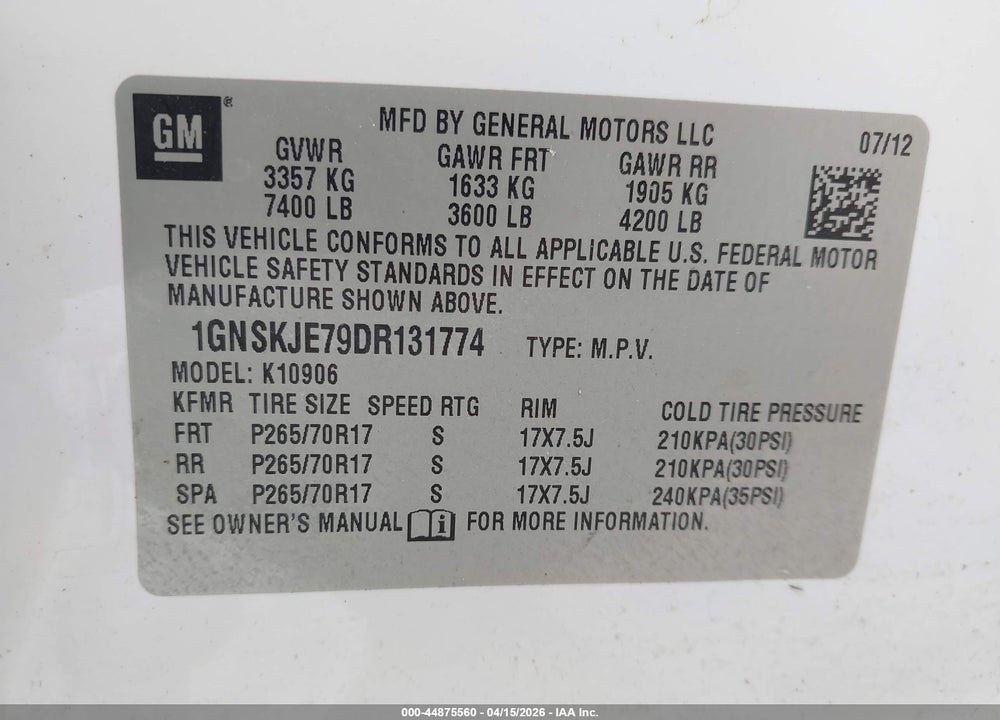 2013 CHEVROLET SUBURBAN 1500 LT VIN: 1GNSKJE79DR131774