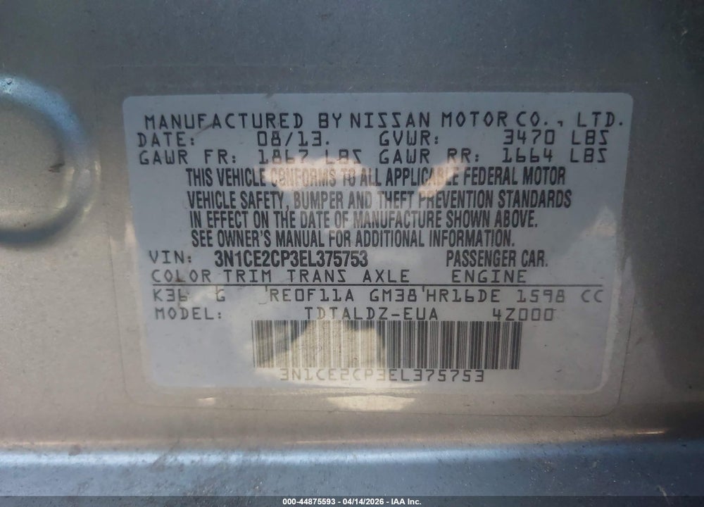 2014 NISSAN VERSA NOTE SV VIN: 3N1CE2CP3EL375753