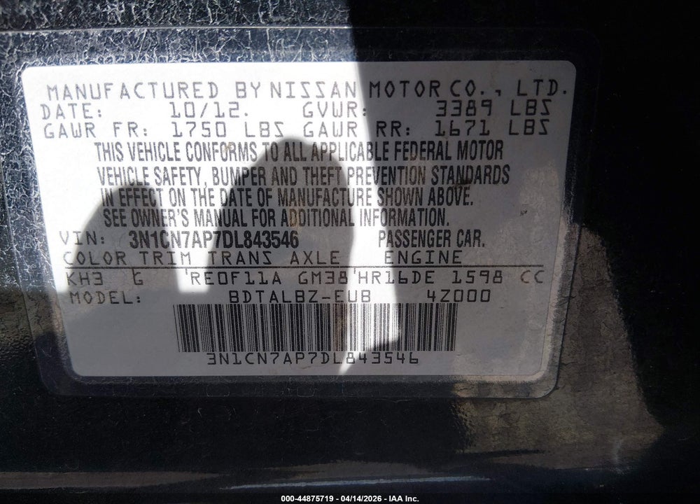 2013 NISSAN VERSA 1.6 SV VIN: 3N1CN7AP7DL843546