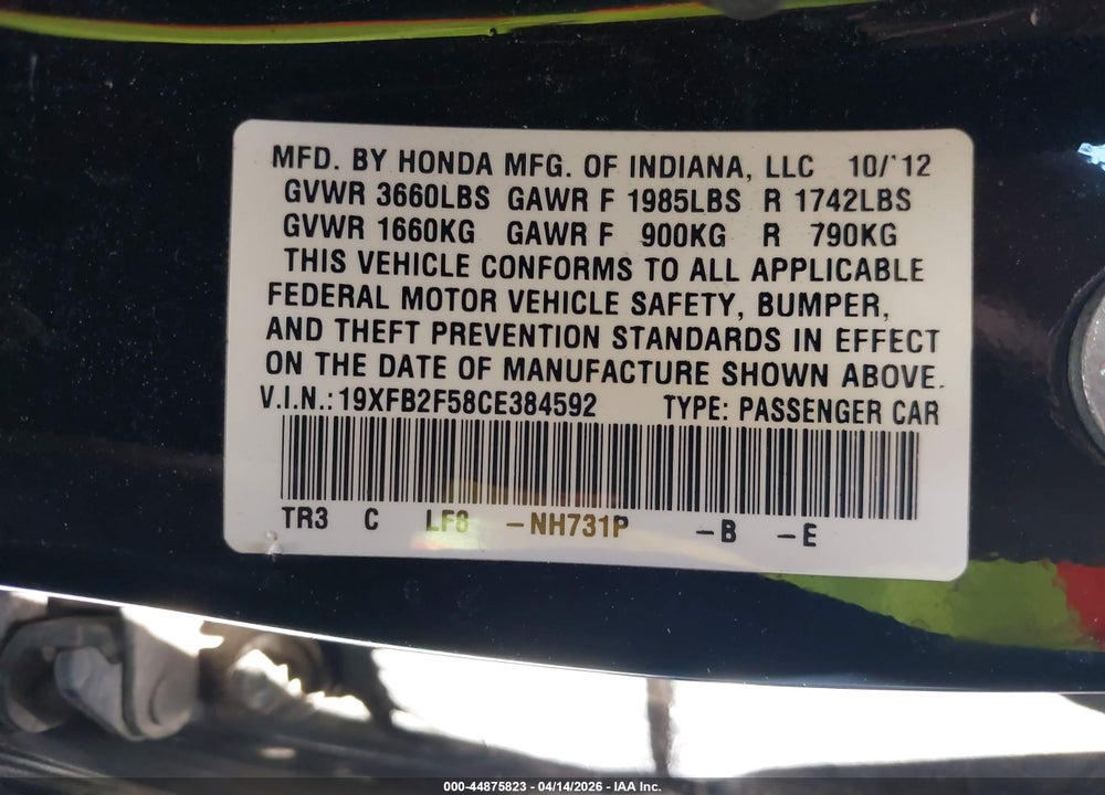 2012 HONDA CIVIC LX VIN: 19XFB2F58CE384592
