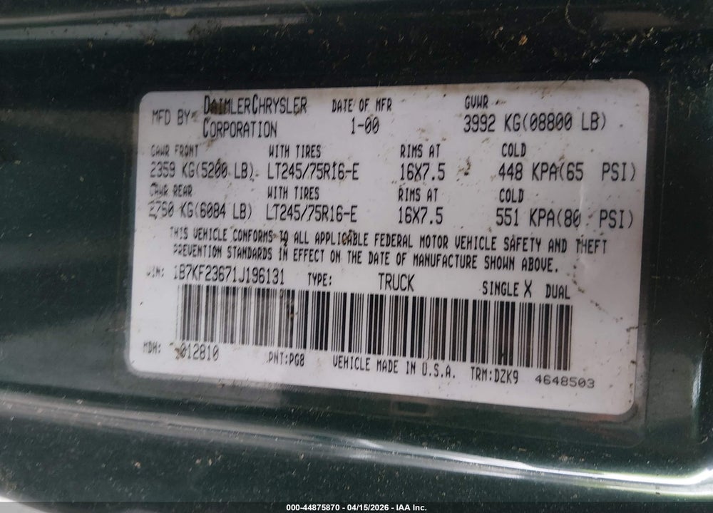 2001 DODGE RAM 2500 ST VIN: 1B7KF23671J196131