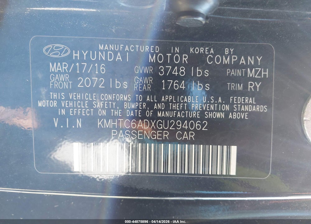 2016 HYUNDAI VELOSTER VIN: KMHTC6ADXGU294062