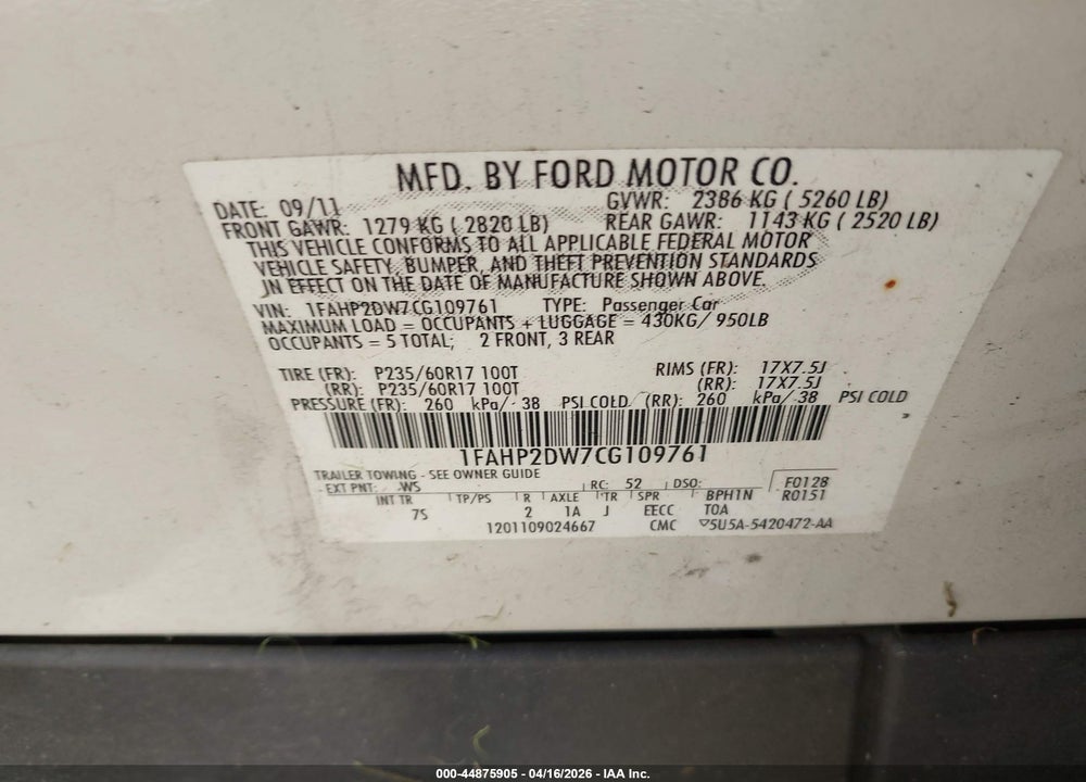 2012 FORD TAURUS SE VIN: 1FAHP2DW7CG109761