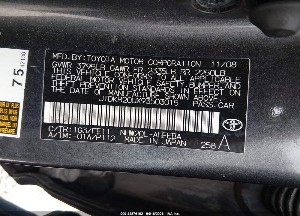2009 TOYOTA PRIUS VIN: JTDKB20UX93503015