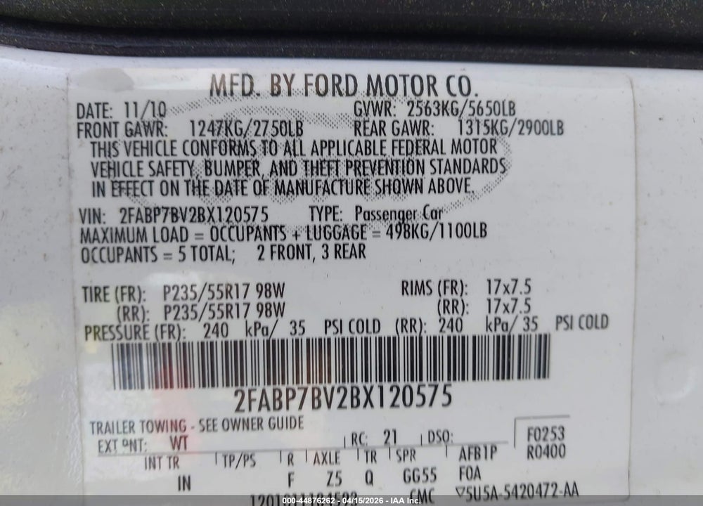 2011 FORD CROWN VICTORIA POLICE INTERCEPTOR VIN: 2FABP7BV2BX120575