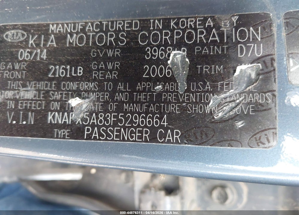2015 KIA FORTE EX VIN: KNAFX5A83F5296664