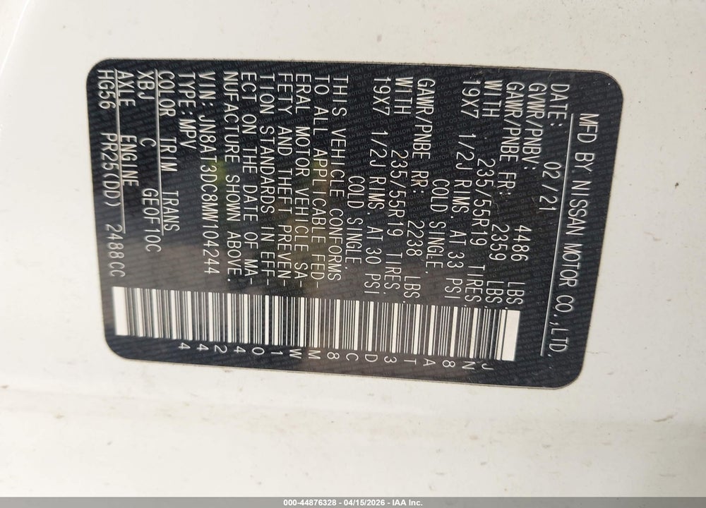 2021 NISSAN ROGUE PLATINUM FWD VIN: JN8AT3DC8MW104244