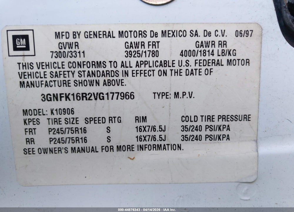 1997 CHEVROLET SUBURBAN 1500 VIN: 3GNFK16R2VG177966