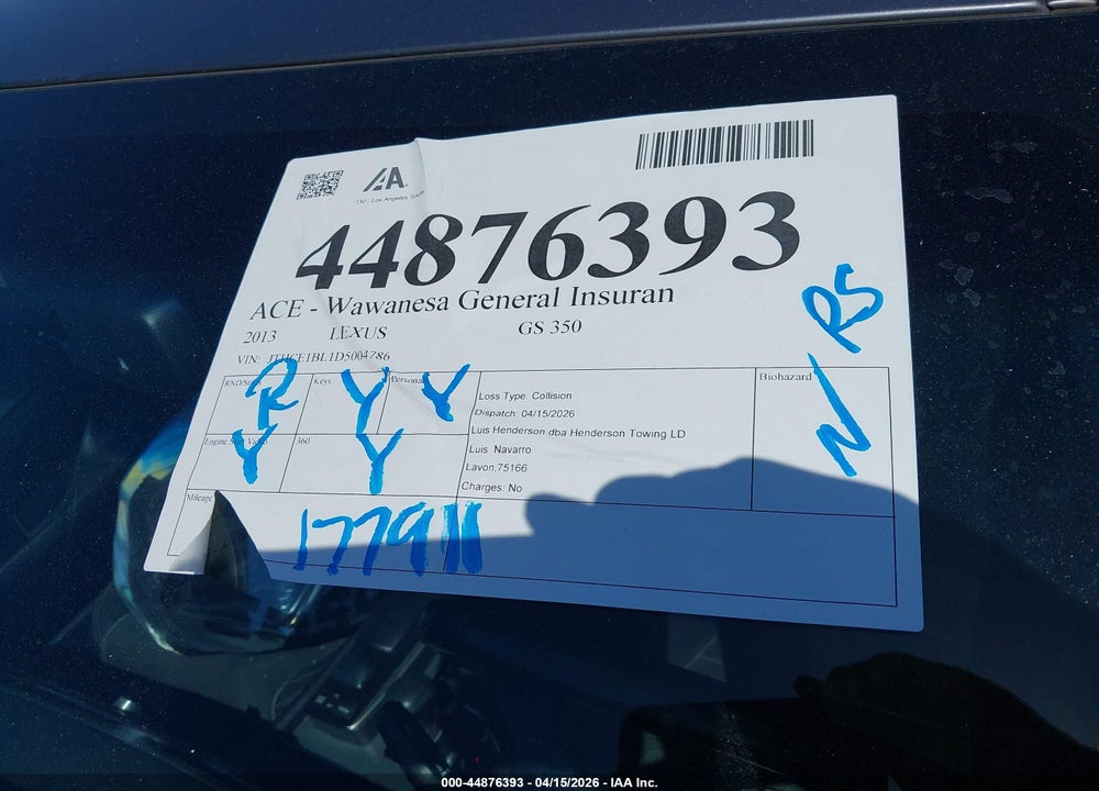 2013 LEXUS GS 350 VIN: JTHCE1BL1D5004786