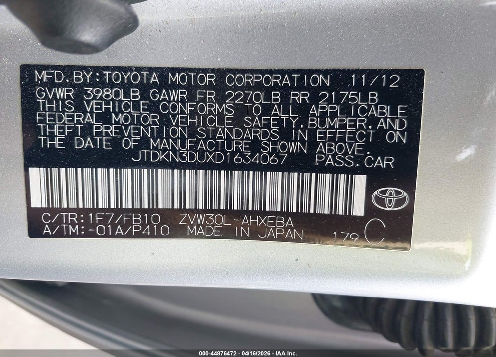 2013 TOYOTA PRIUS TWO VIN: JTDKN3DUXD1634067