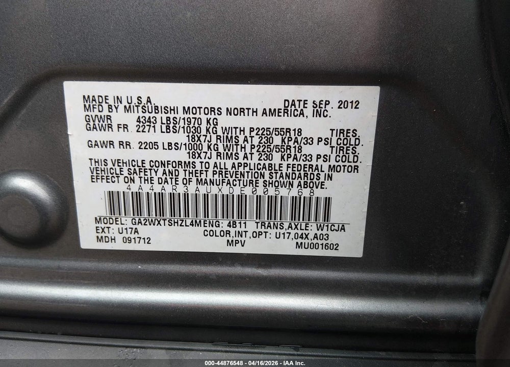 2013 MITSUBISHI OUTLANDER SPORT ES VIN: 4A4AR3AUXDE005768