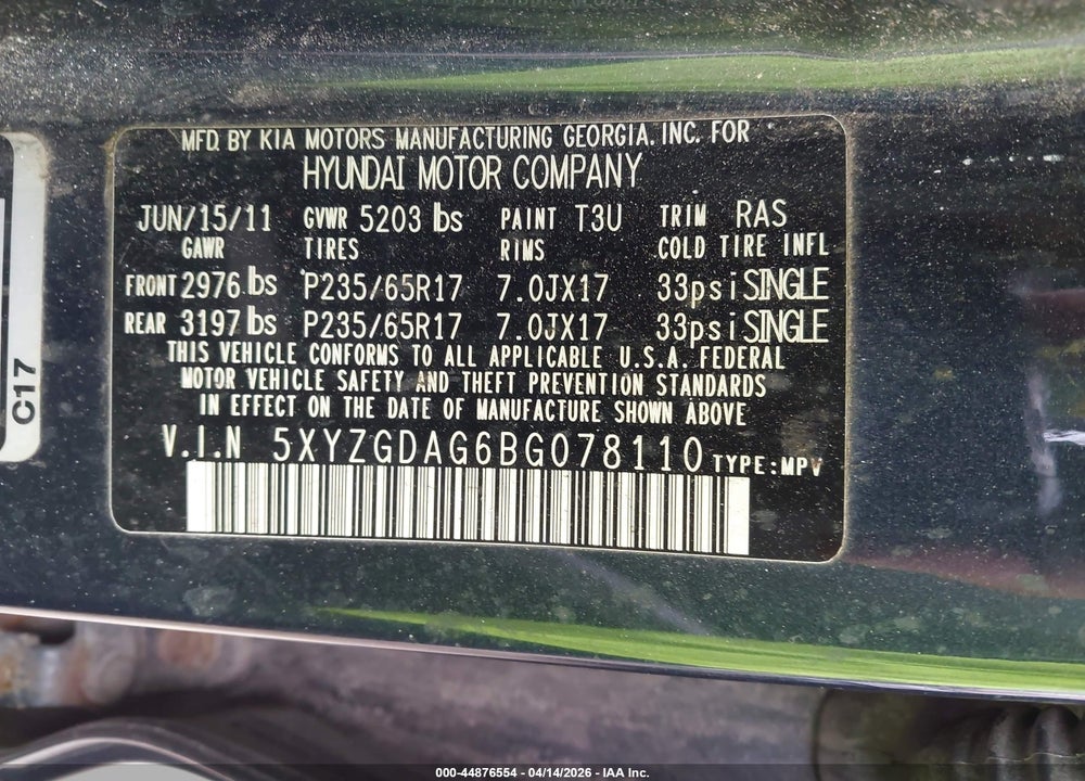 2011 HYUNDAI SANTA FE GLS V6 VIN: 5XYZGDAG6BG078110
