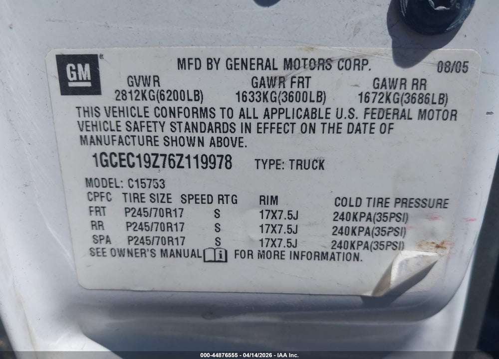 2006 CHEVROLET SILVERADO 1500 LT1 VIN: 1GCEC19Z76Z119978