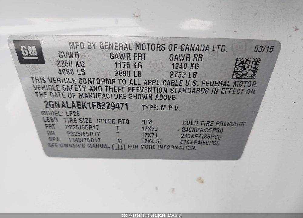 2015 CHEVROLET EQUINOX LS VIN: 2GNALAEK1F6329471