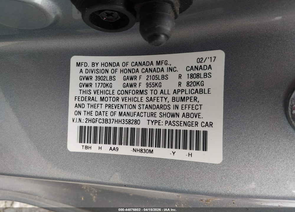 2017 HONDA CIVIC EX-T VIN: 2HGFC3B37HH358280