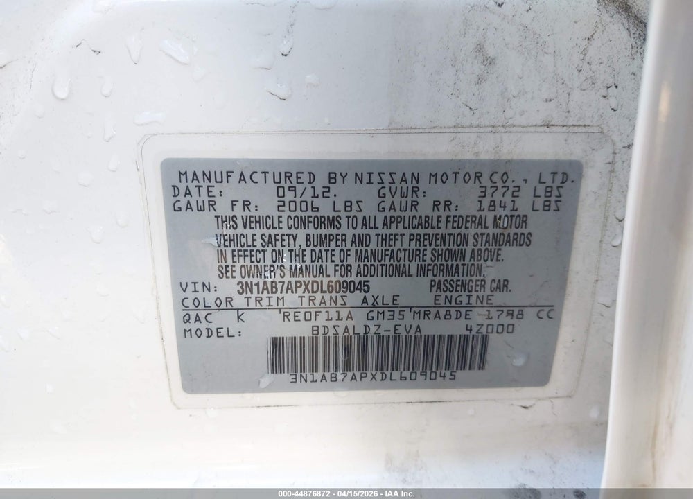 2013 NISSAN SENTRA SV VIN: 3N1AB7APXDL609045