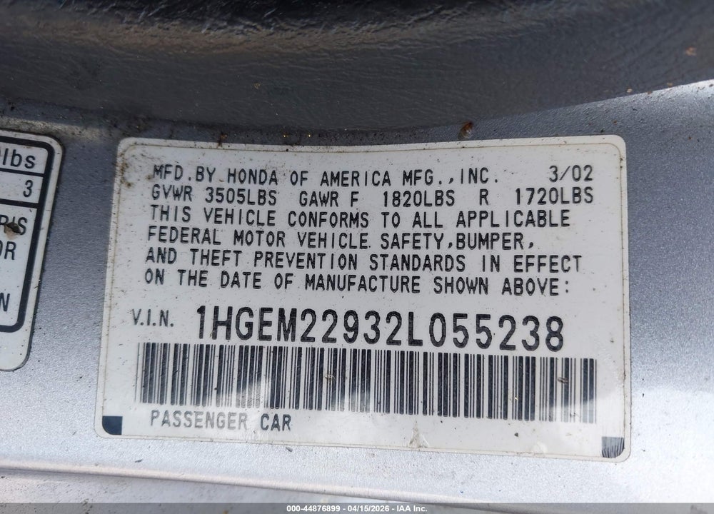 2002 HONDA CIVIC EX VIN: 1HGEM22932L055238