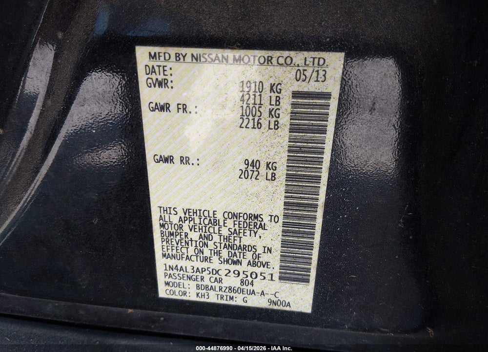 2013 NISSAN ALTIMA 2.5 S VIN: 1N4AL3AP5DC295051