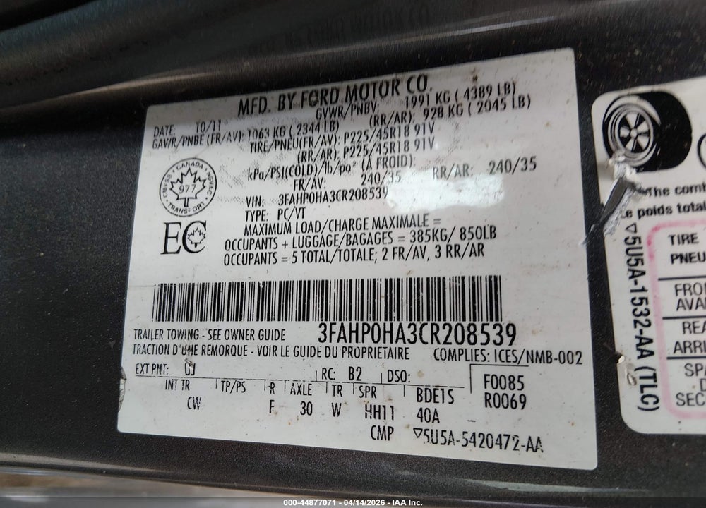 2012 FORD FUSION SE VIN: 3FAHP0HA3CR208539