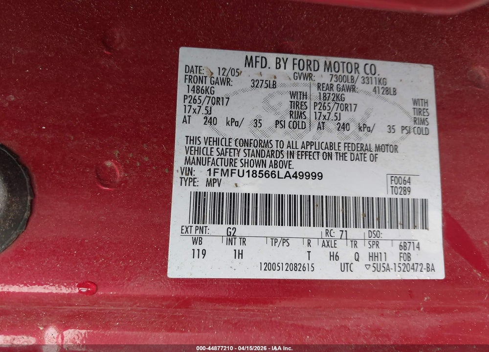 2006 FORD EXPEDITION EDDIE BAUER/KING RANCH VIN: 1FMFU18566LA49999