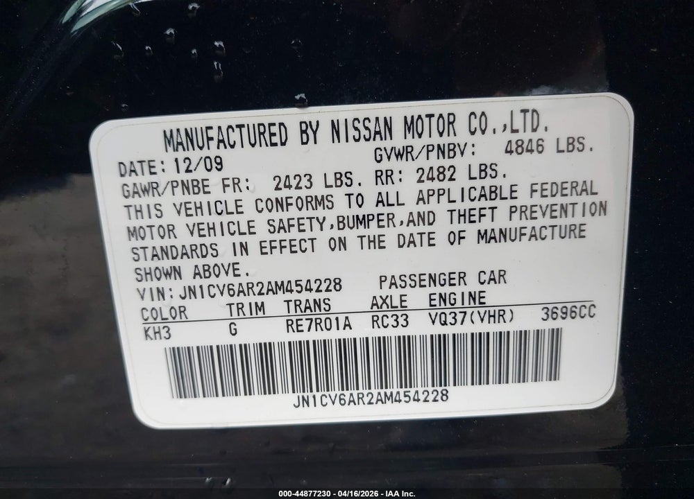 2010 INFINITI G37X VIN: JN1CV6AR2AM454228